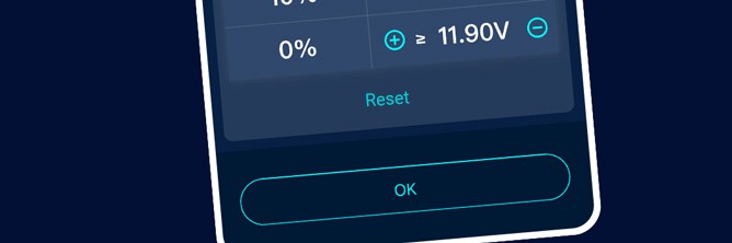 The graphic shows how to confirm or reset user-defined values in the Battery-Guard Check app.