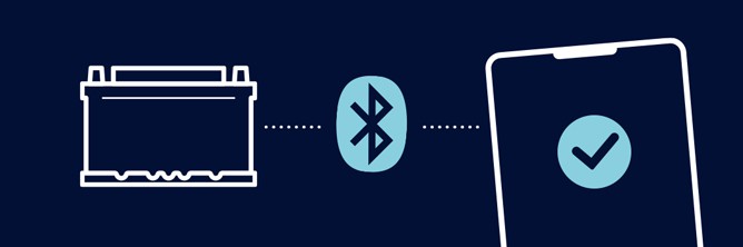 Die Grafik symbolisiert die Bluetooth-Verbindung zwischen Batterie und App.