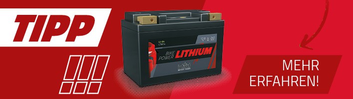 Die Grafik zeigt die intAct Bike-Power Lithium Motorradbatterie auf einem roten Hintergrund.