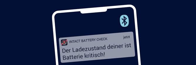 Support Pushnachrichten Die Grafik zeigt ein Smartphone mit einer Pushnachricht in der Battery-Guards. Die Nachricht weist auf einen kritischen Ladeszustand der Batterie hin.