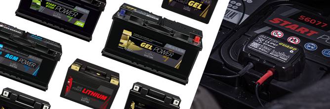 Teaserbild - Battery Guard - Kompatibilität Das Bild zeigt Batterien mit verschiedenen Technologien wie AGM, GEL oder Lithium. Diese Technologien sind alle mit dem Battery-Guard kompatibel.
